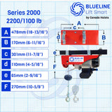 2200 lb (1000kg) BLUELINE Electric Hoist SERIES 2000 with 1 x 6FT + 1 x 20FT Wired Remote Controls + Multi-Control Box-Canada Hoists