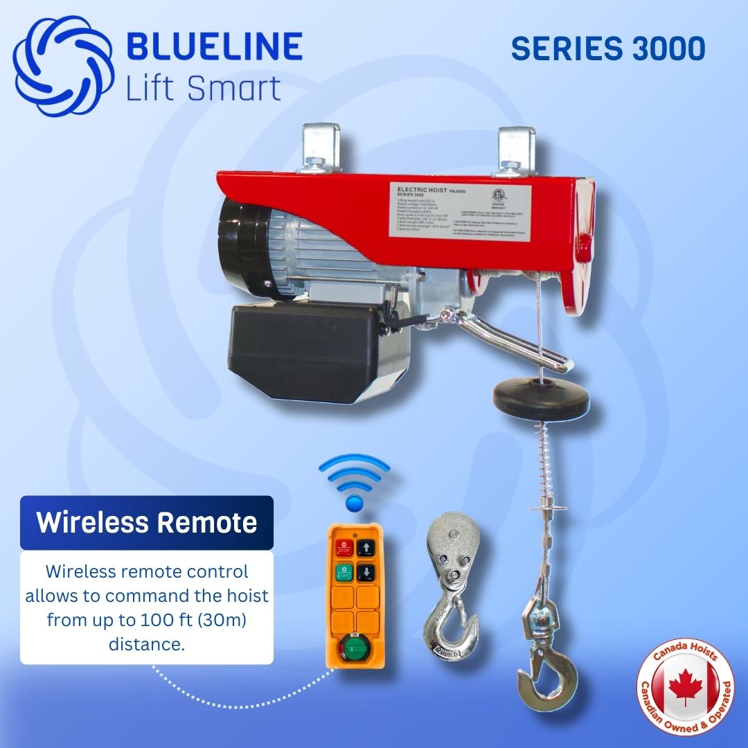 2200 lb (1000kg) BLUELINE SERIES 3000 Electric Hoist with Wireless Remote Control + 20FT Wired Remote Control-Canada Hoists
