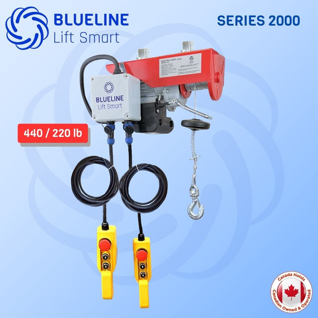 440 lb (200kg) BLUELINE Electric Hoist SERIES 2000 with TWO Wired Controls: 6FT + 20FT and Multi-Control Box-Canada Hoists