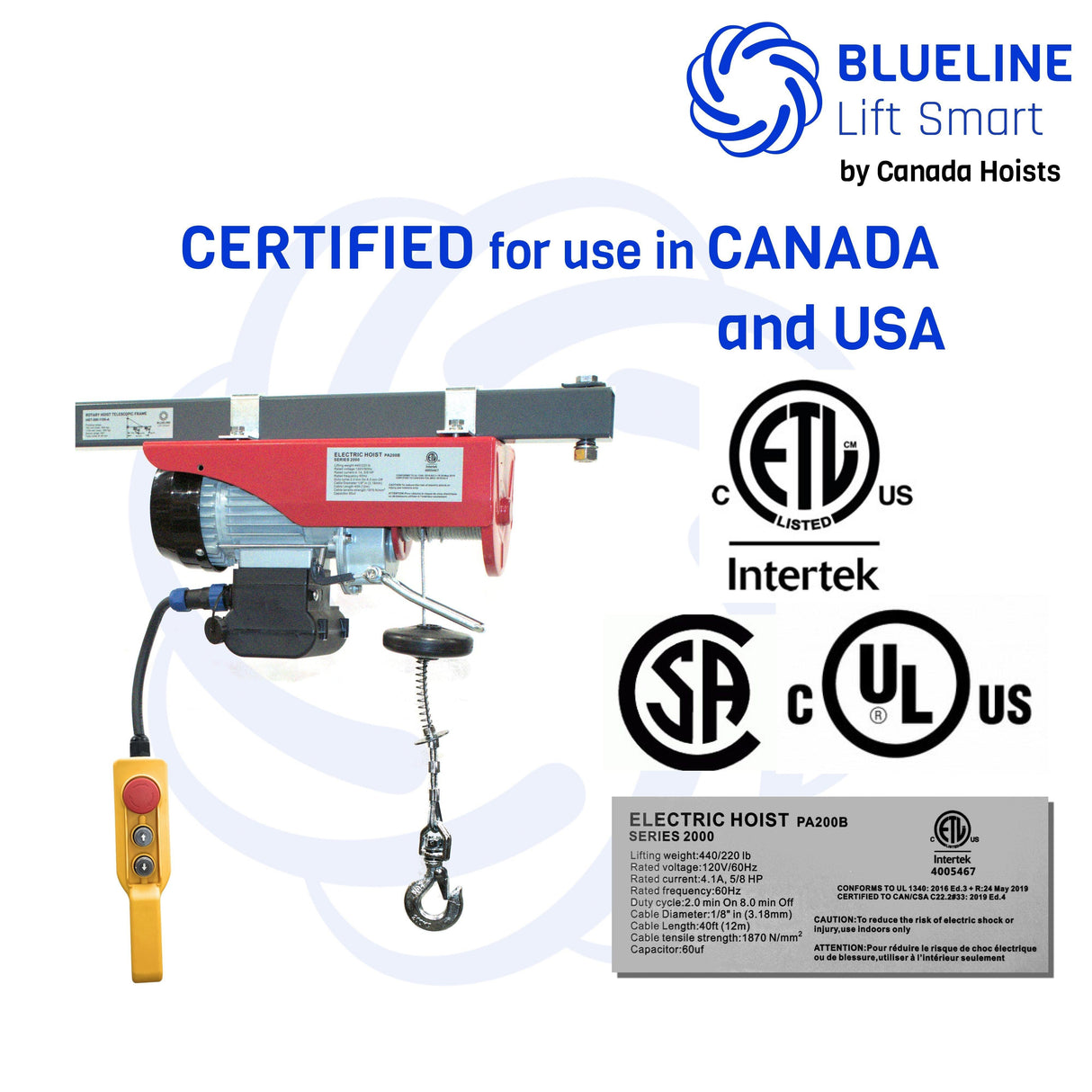 2200 lb (1000kg) BLUELINE Electric Hoist SERIES 2000 with 1 x 6FT + 1 x 20FT Wired Remote Controls + Multi-Control Box