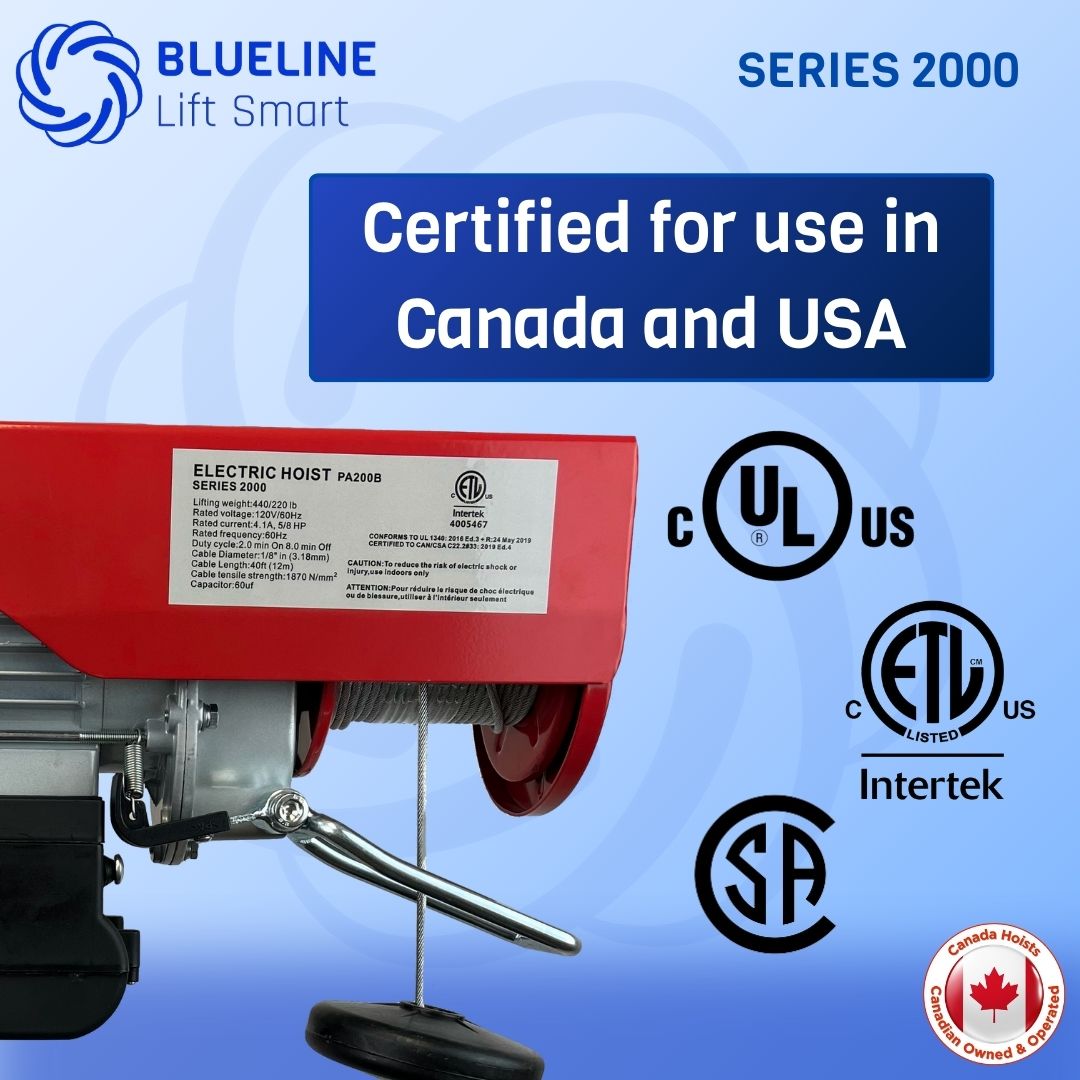 880 lb (400 kg) BLUELINE Lift Smart Electric Overhead Hoist Kit with Unique Rotating Hook, Lifting Slings, Pulley, Emergency Stop Switch-Canada Hoists