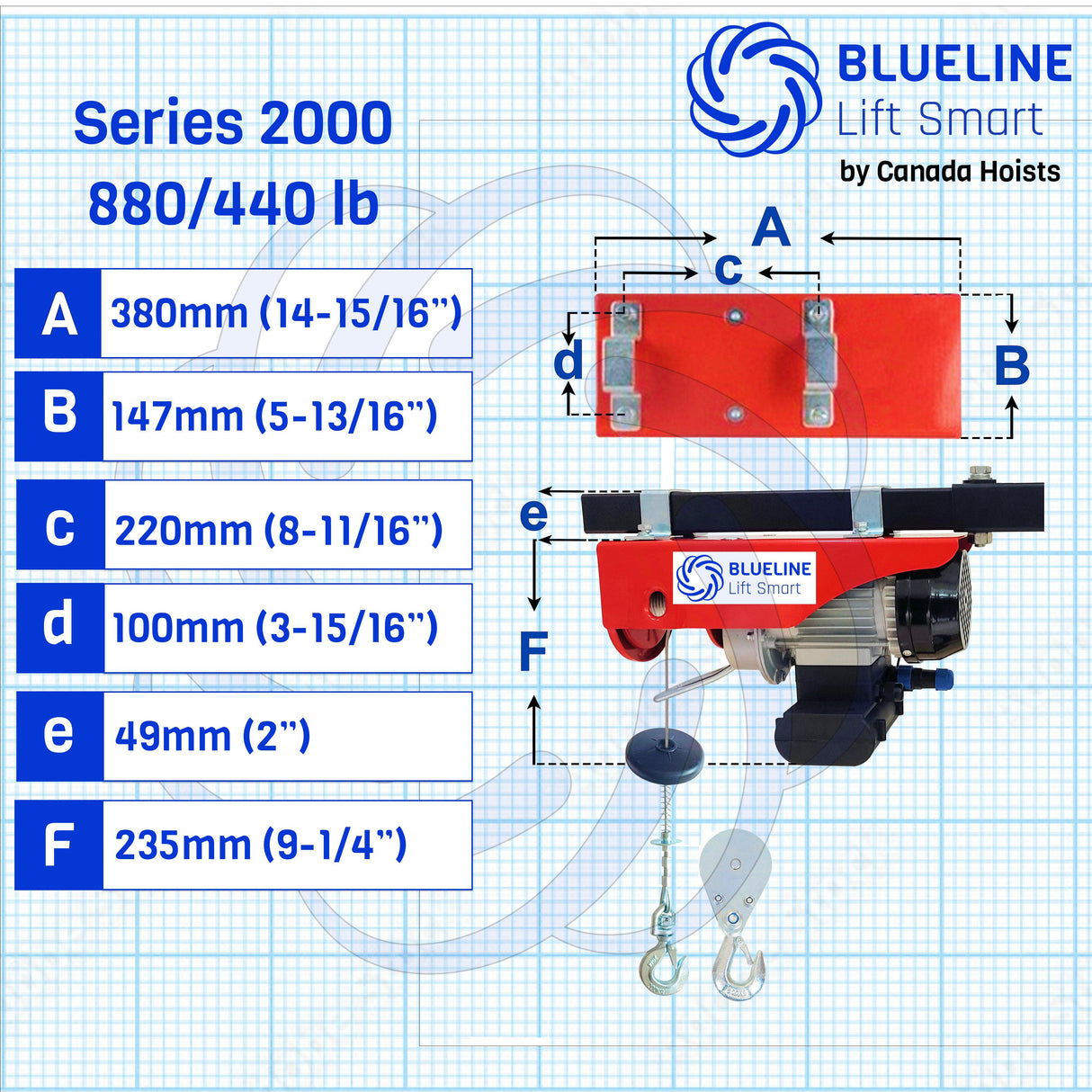 880 lb (400 kg) BLUELINE Lift Smart Electric Overhead Hoist Kit with Unique Rotating Hook, Lifting Slings, Pulley, Emergency Stop Switch-Canada Hoists