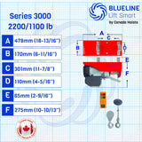 2200 lb (1000kg) BLUELINE SERIES 3000 Electric Hoist with Wireless Remote Control + 20FT Wired Remote Control-Canada Hoists