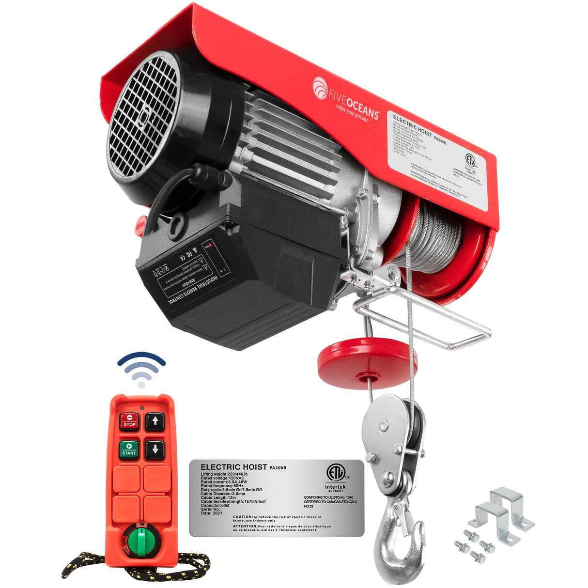 440lbs (200kg) Electric Overhead Hoist with WIRELESS Remote control - Five Oceans