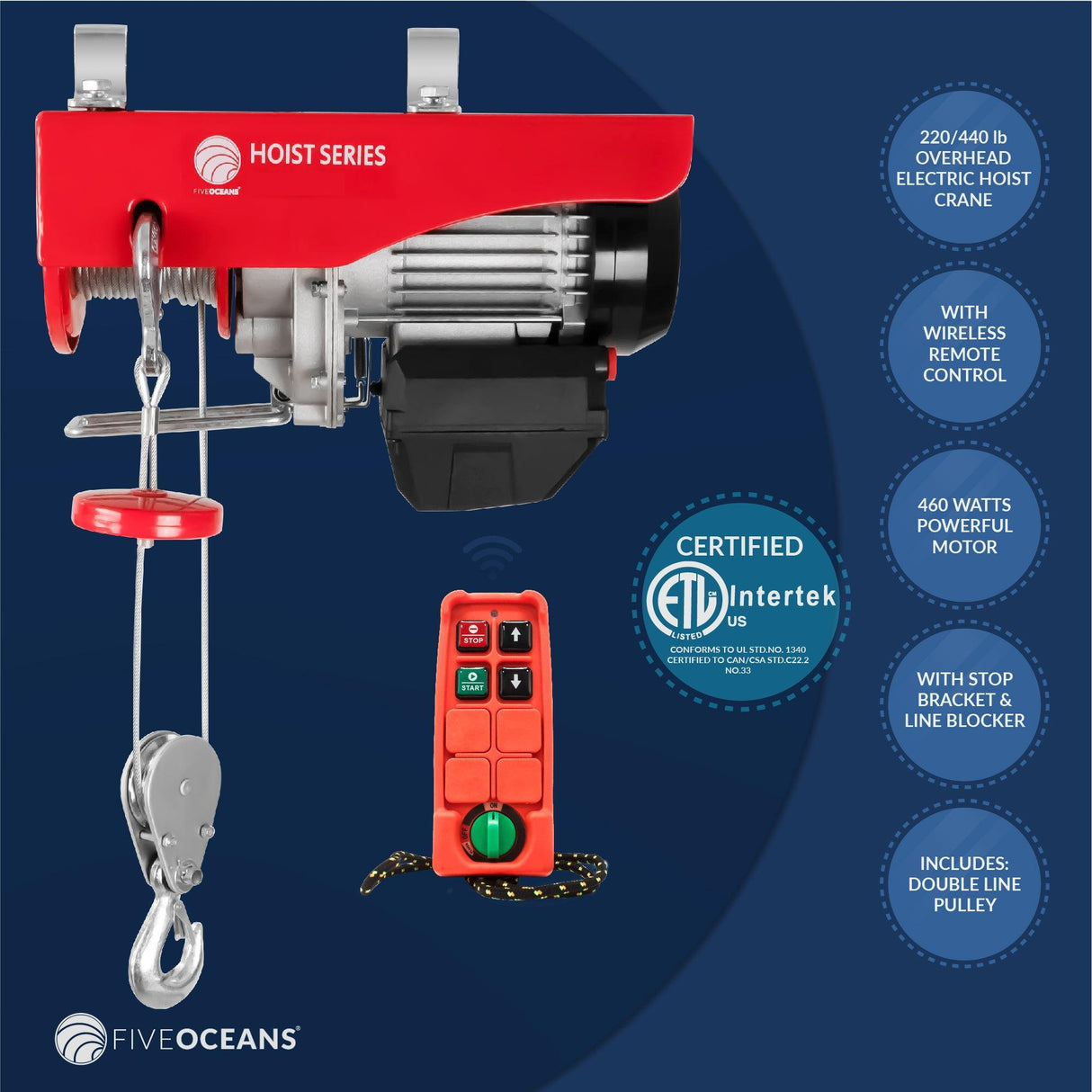 440lbs (200kg) Electric Overhead Hoist with WIRELESS Remote control - Five Oceans
