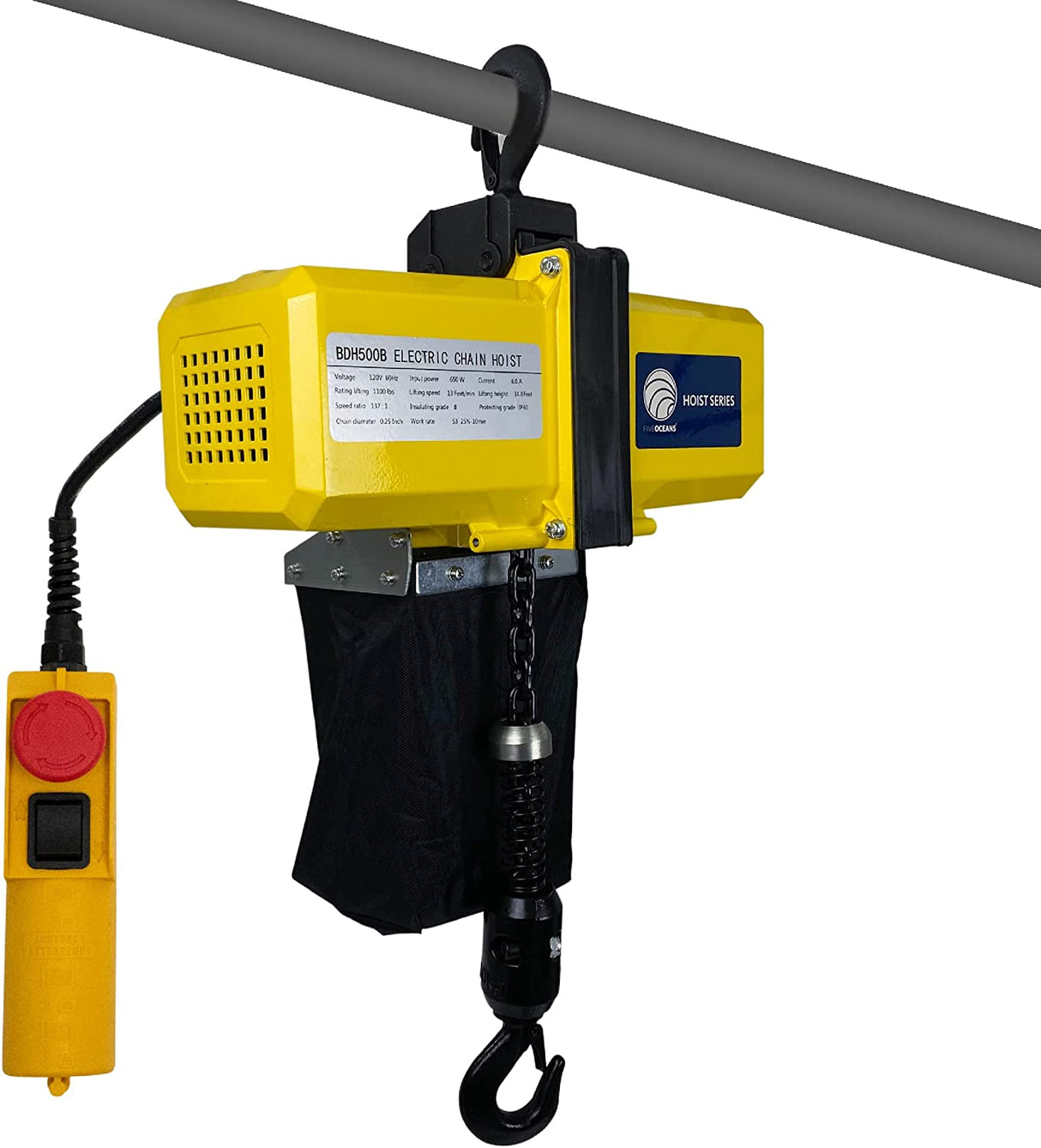 1/2 Ton Electric Chain Hoist w/ 15ft Chain 20ft Remote Control | Single phase 110V ~ 120V - Five Oceans